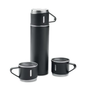 Set termos si pahare, perete du, Stainless steel, black