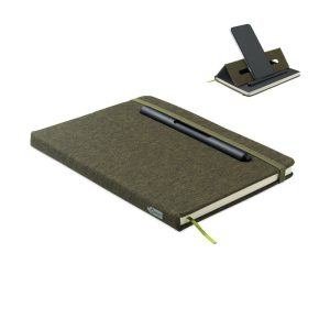Notebook A5 cu suport telefon, RPET, verde inchis
