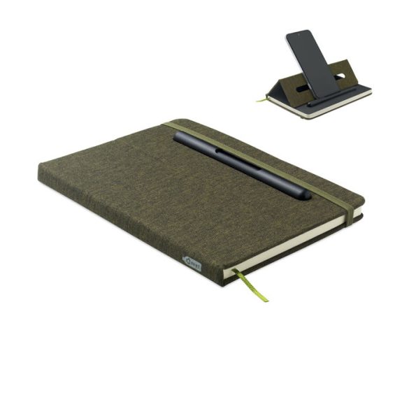 Notebook A5 cu suport telefon, RPET, verde inchis