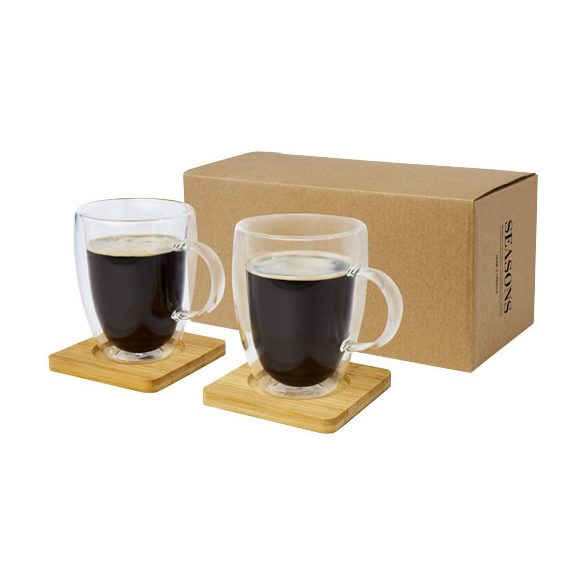 Manti 2-piece 350 ml double-wall glass cup with bamboo coaster 