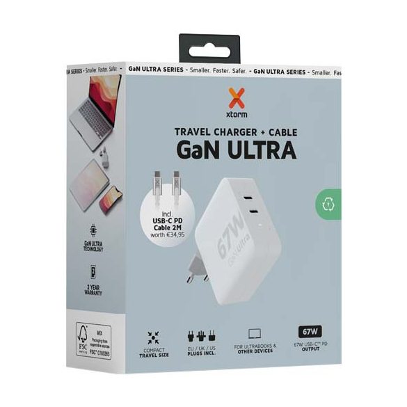 Xtorm XVC2067 GaN Ultra 67W travel charger with 100W USB-C PD cable