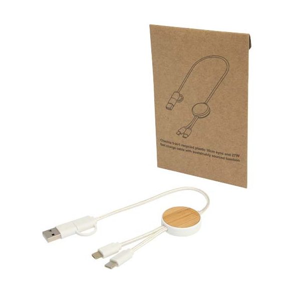 Chechia 5-in-1 recycled plastic 30 cm data sync and 27W fast charge cable with bamboo details