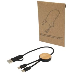 Chechia 5-in-1 recycled plastic 30 cm data sync and 27W fast charge cable with bamboo details