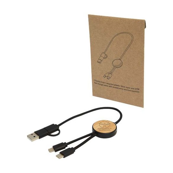 Chechia 5-in-1 recycled plastic 30 cm data sync and 27W fast charge cable with bamboo details