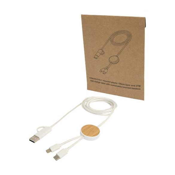 Chechia 5-in-1 recycled plastic 150 cm data sync and 27W fast charge cable with bamboo details