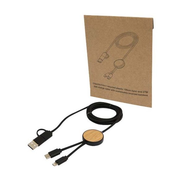 Chechia 5-in-1 recycled plastic 150 cm data sync and 27W fast charge cable with bamboo details