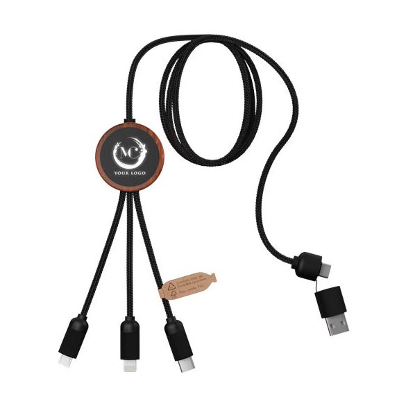 SCX.design C37 5-in-1 rPET light-up logo charging cable with round wooden casing