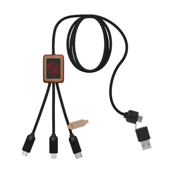 SCX.design C38 5-in-1 rPET light-up logo charging cable with squared wooden casing