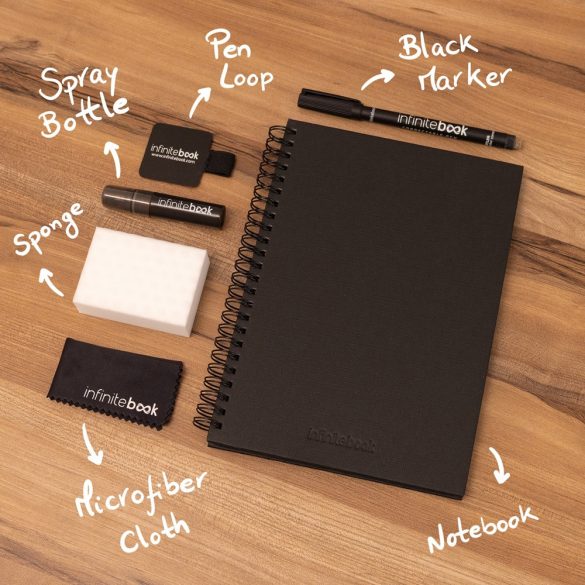 STARTER KIT INFINITEBOOK A5 PLANNER TEXTURE. Kit cuprinzand „Infinitebook” cu coperta tare, 1 kit de curatare, 1 marker si 1 suport pentru pix