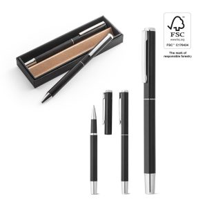 LEAH. Roller and ballpoint pen set in recycled aluminium (53% and 94% recycled, respectively) with clip