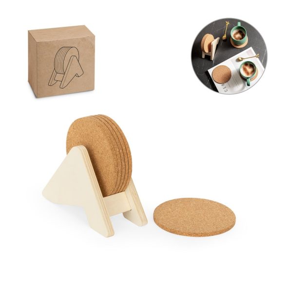 PLYCORK. Plywood stand with 6 cork coasters