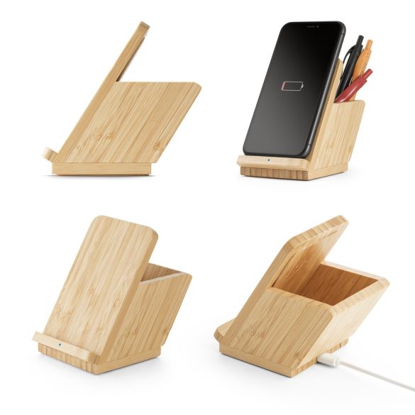 LEAVITT. Suport pentru smartphone si suport pentru pix cu incarcator wireless rapid de 10W din bambus