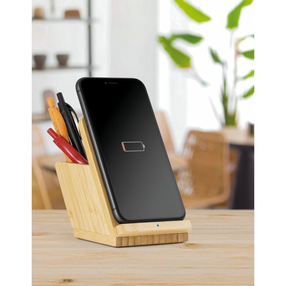 LEAVITT. Suport pentru smartphone si suport pentru pix cu incarcator wireless rapid de 10W din bambus