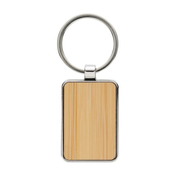 RCS recycled zinc alloy rectangle keychain with bamboo, silver