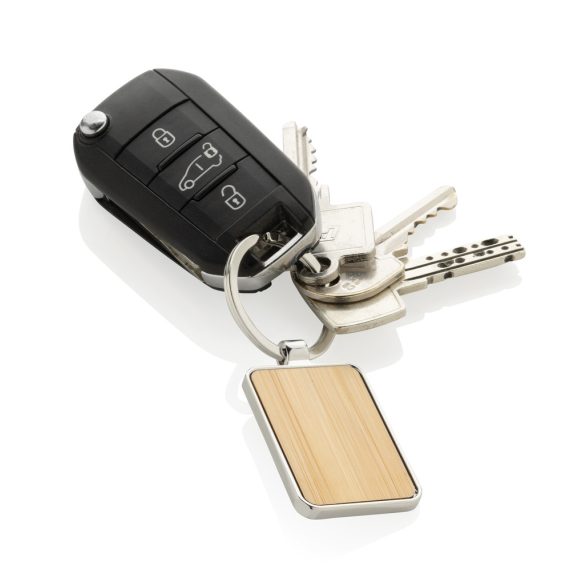 RCS recycled zinc alloy rectangle keychain with bamboo, silver