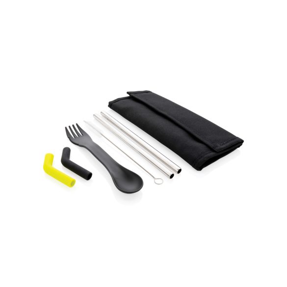 Tierra 2pcs straw and cutlery set in pouch, black
