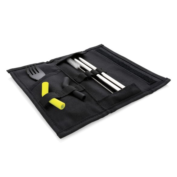Tierra 2pcs straw and cutlery set in pouch, black