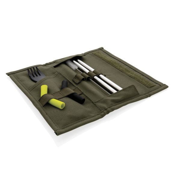 Tierra 2pcs straw and cutlery set in pouch, green