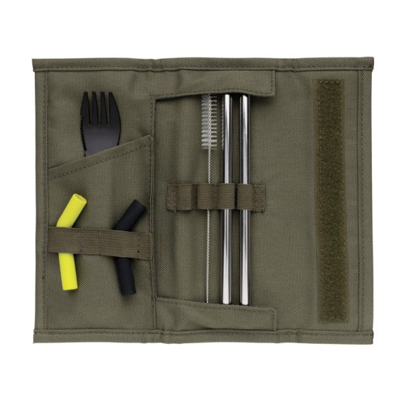 Tierra 2pcs straw and cutlery set in pouch, green