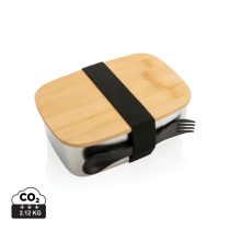 Stainless steel lunchbox with bamboo lid and spork, silver