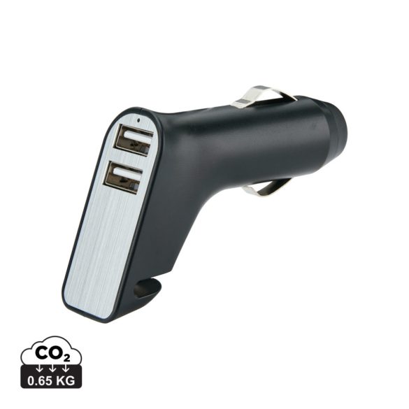 Dual port car charger with belt cutter and hammer, black