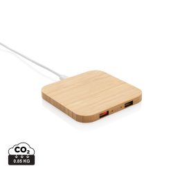 FSC® bamboo 10W wireless charger with USB, brown