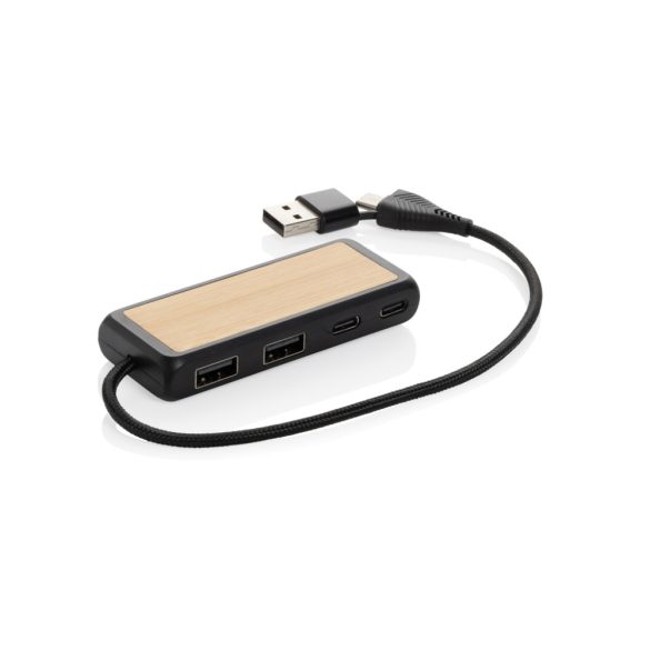 Link RCS recycled plastic and bamboo dual Input USB hub, black