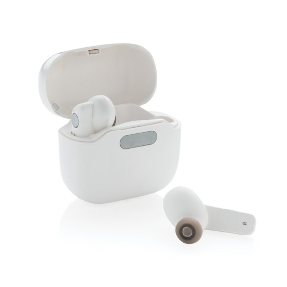 TWS earbuds in UV-C sterilizing charging case, white