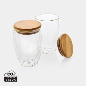 Double wall borosilicate glass with bamboo lid 350ml 2pc set, transparent