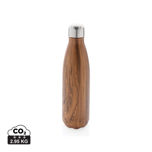 Vacuum insulated ss bottle with wood print, brown
