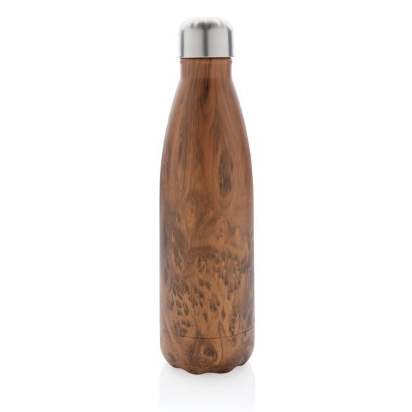 Vacuum insulated ss bottle with wood print, brown