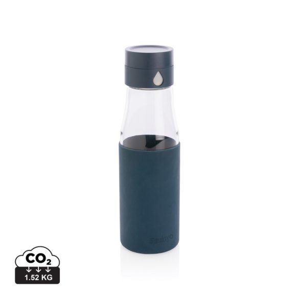 Ukiyo glass hydration tracking bottle with sleeve, blue