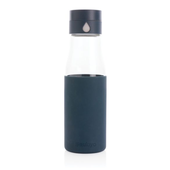 Ukiyo glass hydration tracking bottle with sleeve, blue