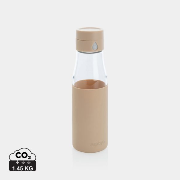 Ukiyo glass hydration tracking bottle with sleeve, brown
