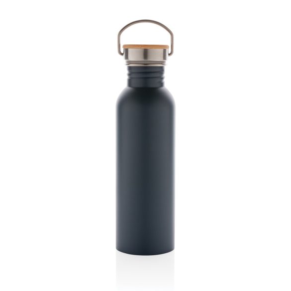 Modern stainless steel bottle with bamboo lid, blue