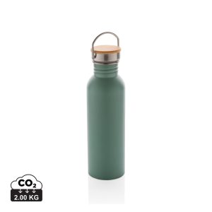 Modern stainless steel bottle with bamboo lid, green