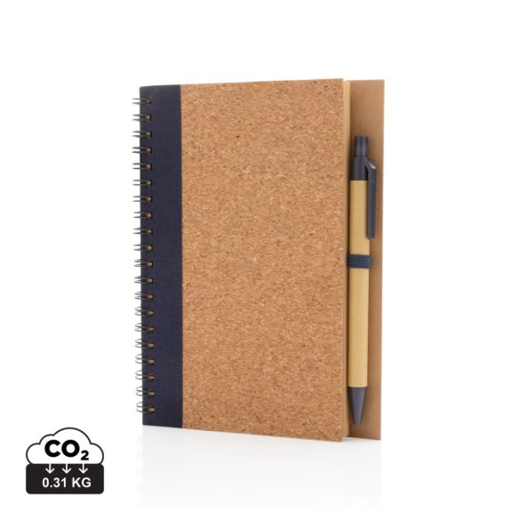 Cork spiral notebook with pen, blue
