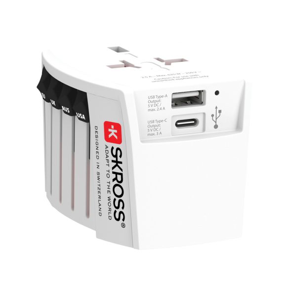 SKROSS World Travel Adapter MUV 2-pole with USB A and C, white