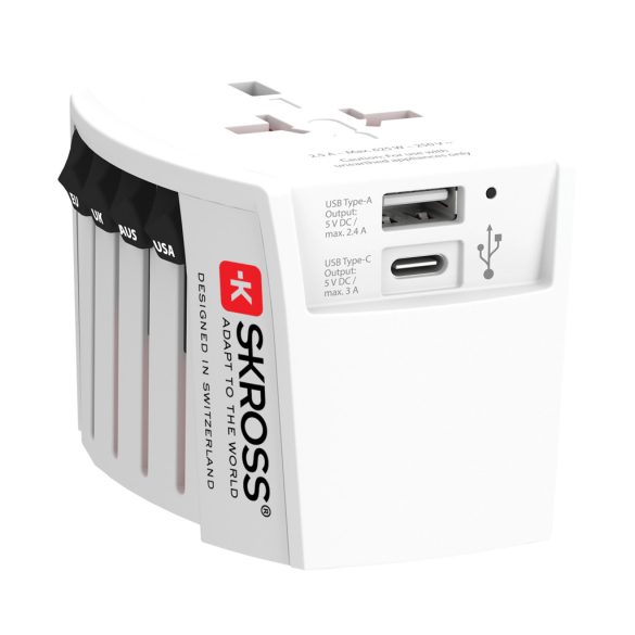 SKROSS World Travel Adapter MUV 2-pole with USB A and C, white